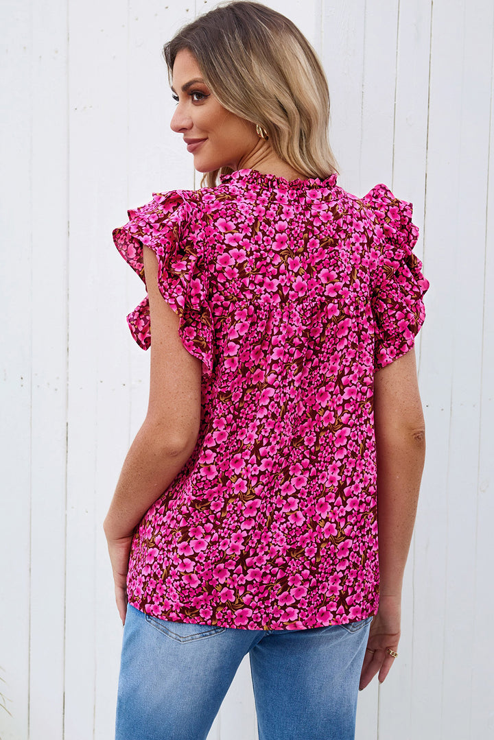 Floral Flutter Sleeve Notched Neck Blouse | Trendsi