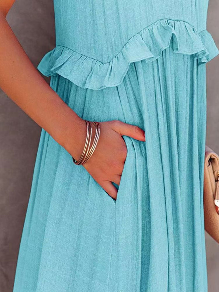 Ruffled Sleeveless Tiered Maxi Dress with Pockets | Trendsi