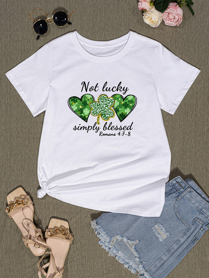 NOT LUCKY SIMPLY BLESSED Heart Round Neck T-Shirt | Trendsi