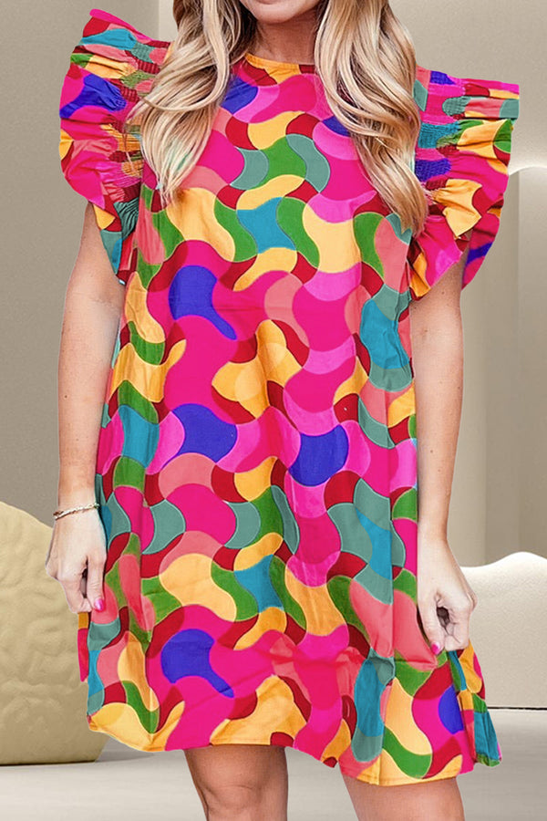 Contrast Print Round Neck Cap Sleeve Mini Dress | Trendsi