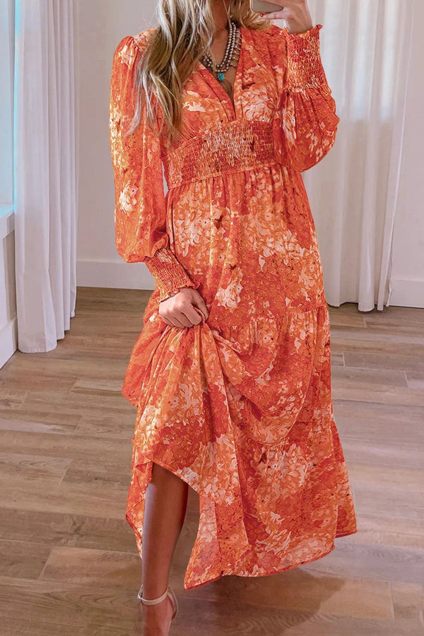 Smocked Printed V-Neck Long Sleeve Dress | Trendsi