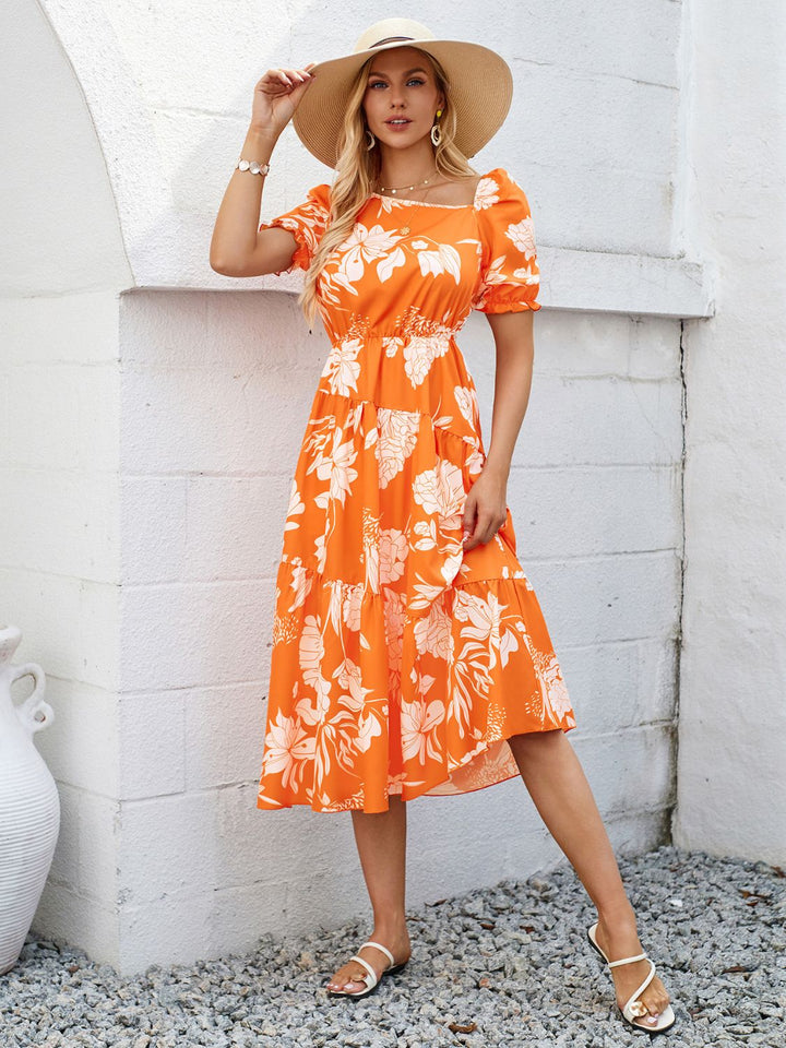 Printed Asymmetric Neck Short Sleeve Midi Dress | Trendsi