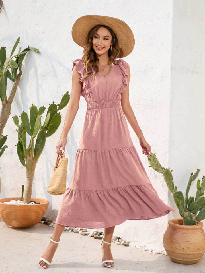 Tiered Ruffled V-Neck Cap Sleeve Dress | Trendsi