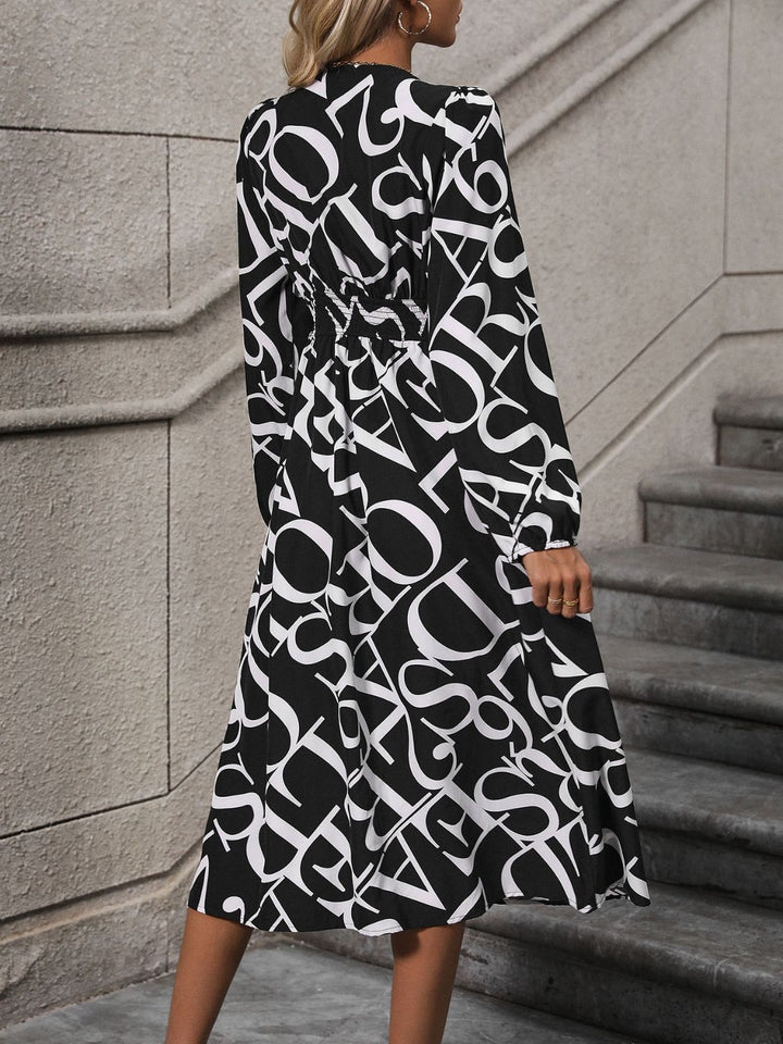 Printed V-Neck Long Sleeve Midi Dress | Trendsi