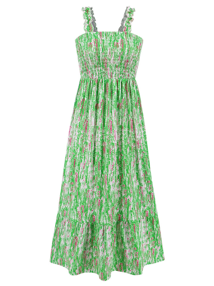 Smocked Printed Square Neck Sleeveless Dress | Trendsi
