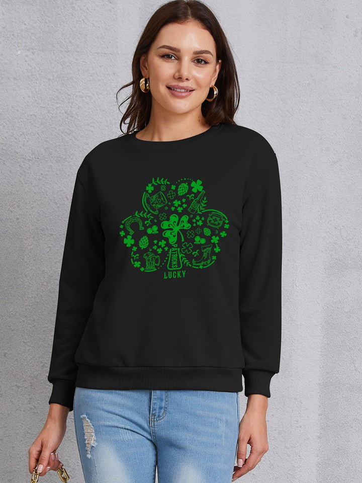 Lucky Clover Round Neck Sweatshirt | Trendsi