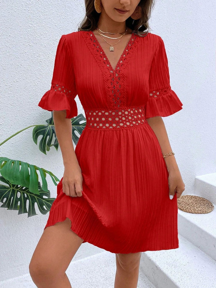 Cutout V-Neck Flounce Sleeve Mini Dress | Trendsi