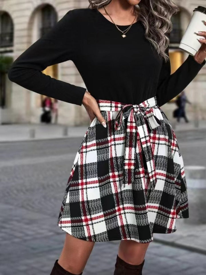 Tied Plaid Round Neck Long Sleeve Dress | Trendsi