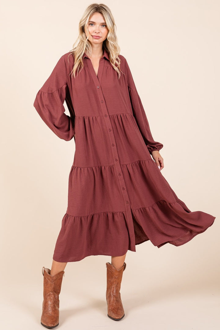 Mittoshop Tiered Button Down Long Sleeve Midi Dress | Trendsi