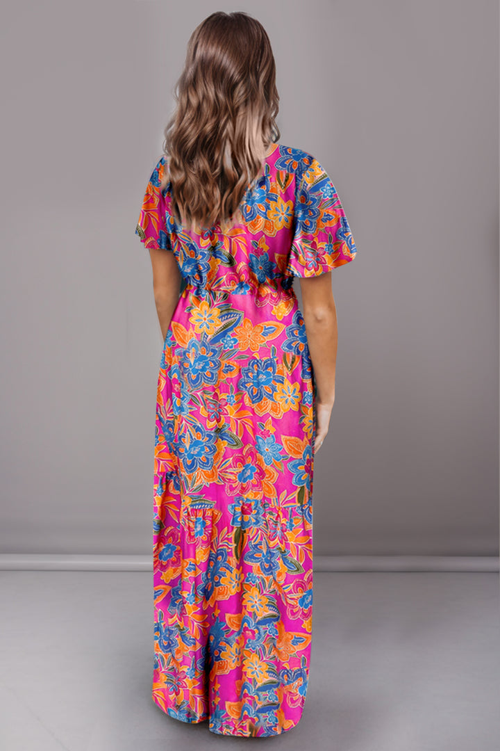 Printed Surplice Short Sleeve Maxi Dress | Trendsi