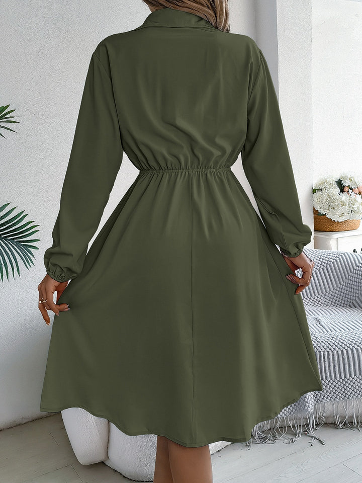 Collared Neck Long Sleeve Dress with Pockets | Trendsi