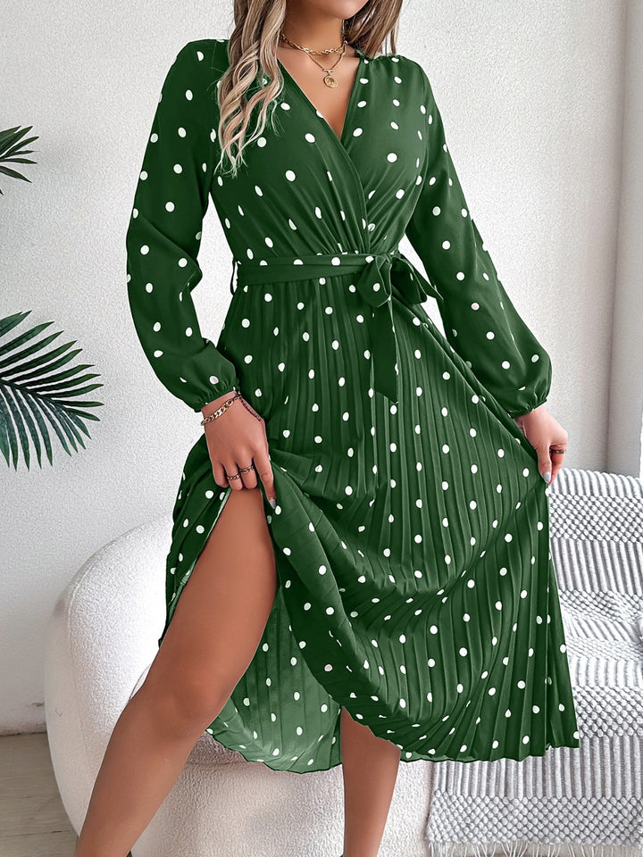 Tied Polka Dot Long Sleeve Midi Dress | Trendsi