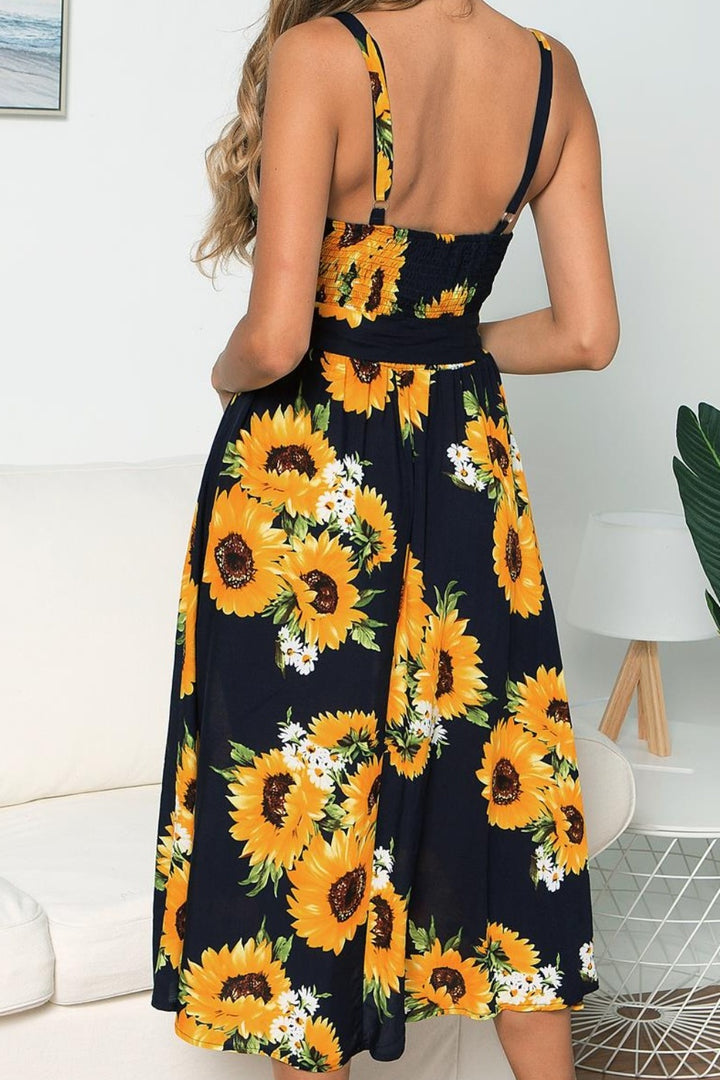 Smocked Sunflower Printed Sleeveless Cami Dress | Trendsi