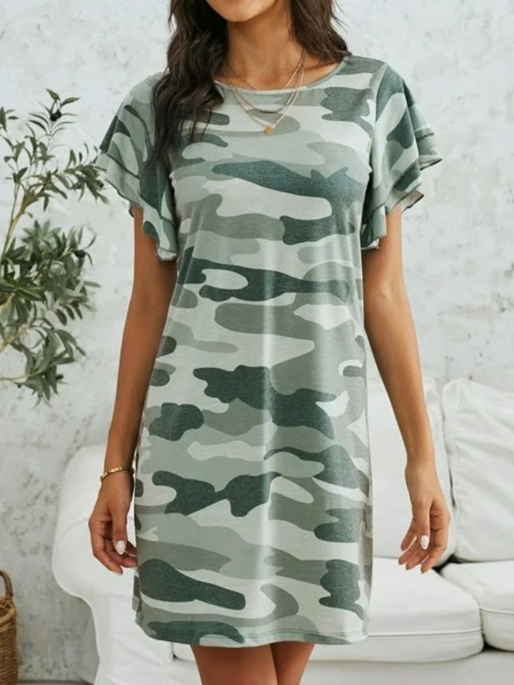 Camouflage Round Neck Short Sleeve Mini Dress | Trendsi