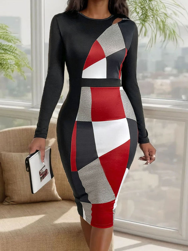 Cutout Color Block Round Neck Long Sleeve Dress | Trendsi