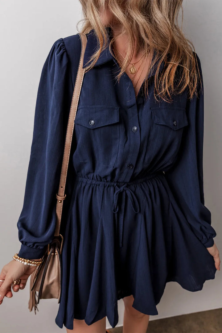 Drawstring Half Button Long Sleeve Dress | Trendsi