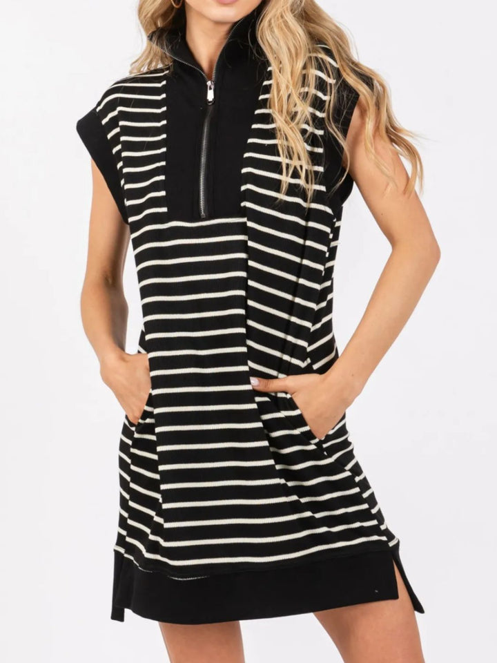 Full Size Pocketed Striped Quarter Zip Cap Sleeve Dress | Trendsi