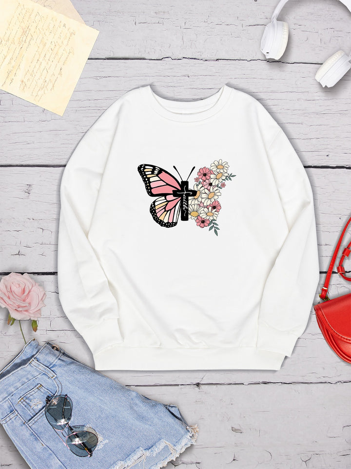 Butterfly Round Neck Dropped Shoulder Sweatshirt | Trendsi