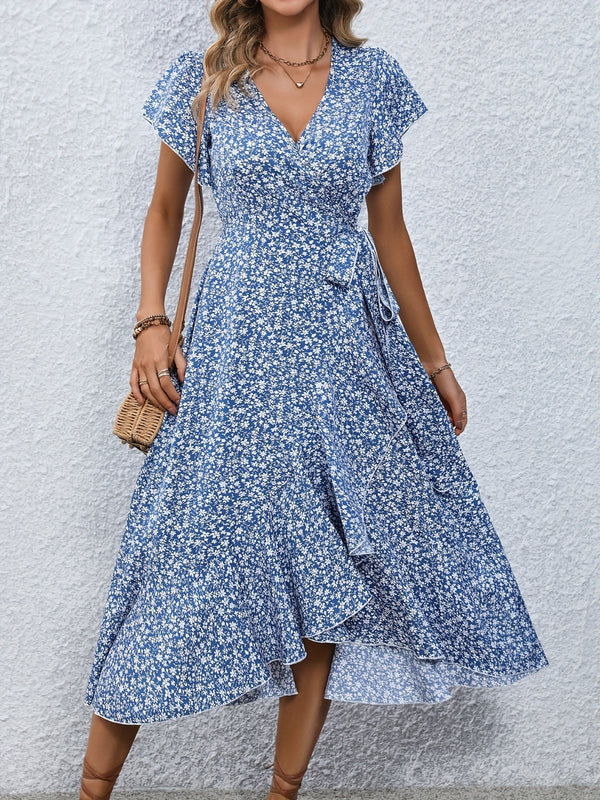 Printed Surplice Flutter Sleeve Midi Dress | Trendsi