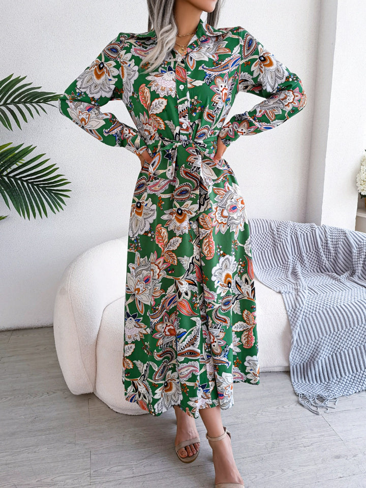 Tied Printed Long Sleeve Midi Dress | Trendsi