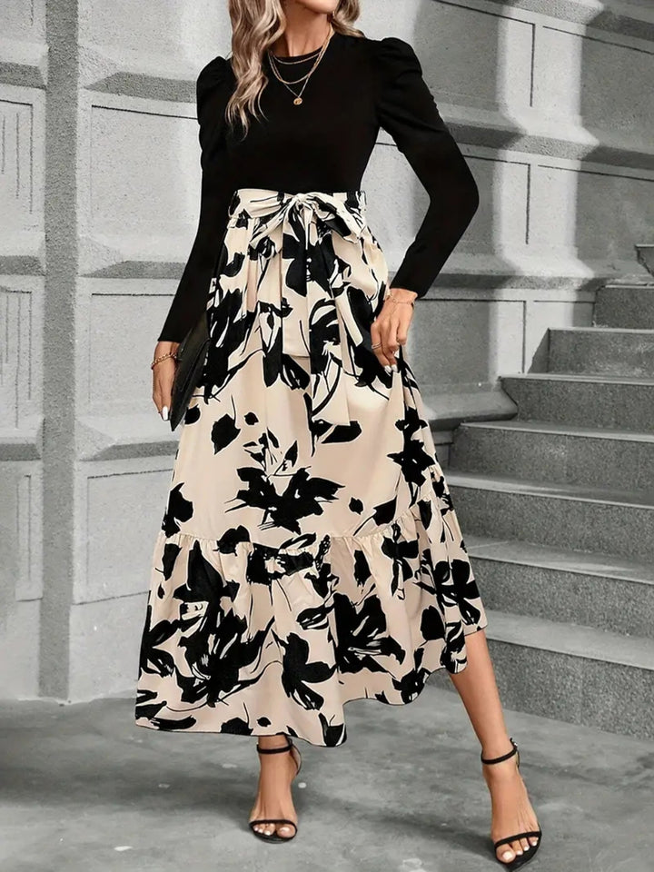 Tied Printed Round Neck Long Sleeve Midi Dress | Trendsi