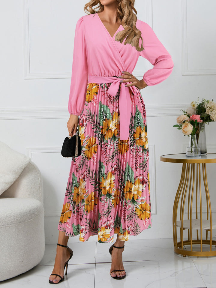 Pleated Printed Surplice Long Sleeve Dress | Trendsi