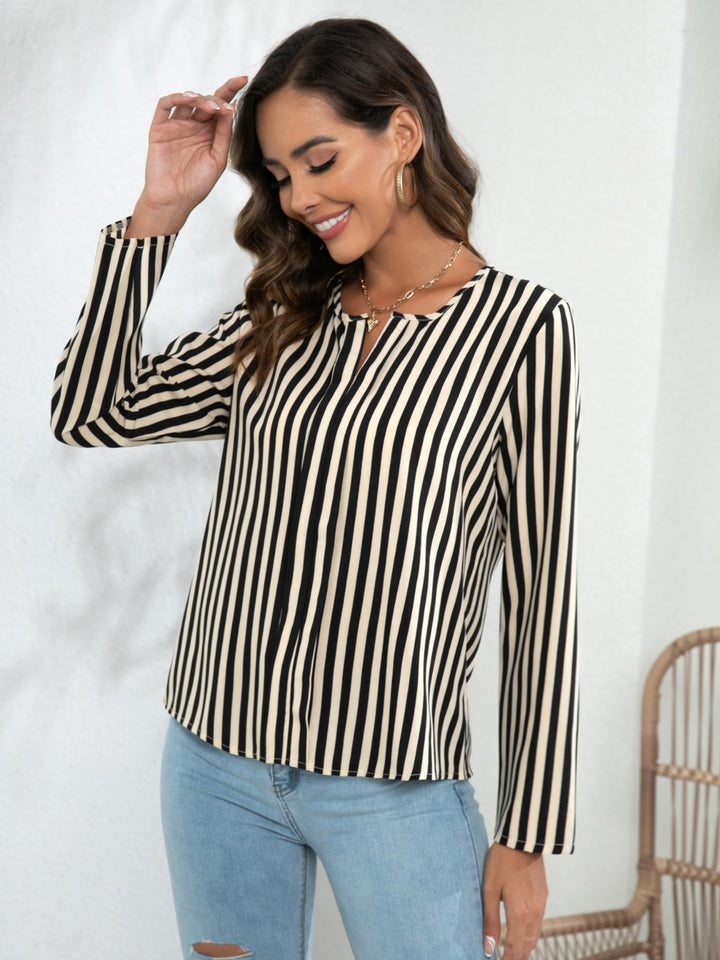 Striped Long Sleeve Notched Blouse | Trendsi