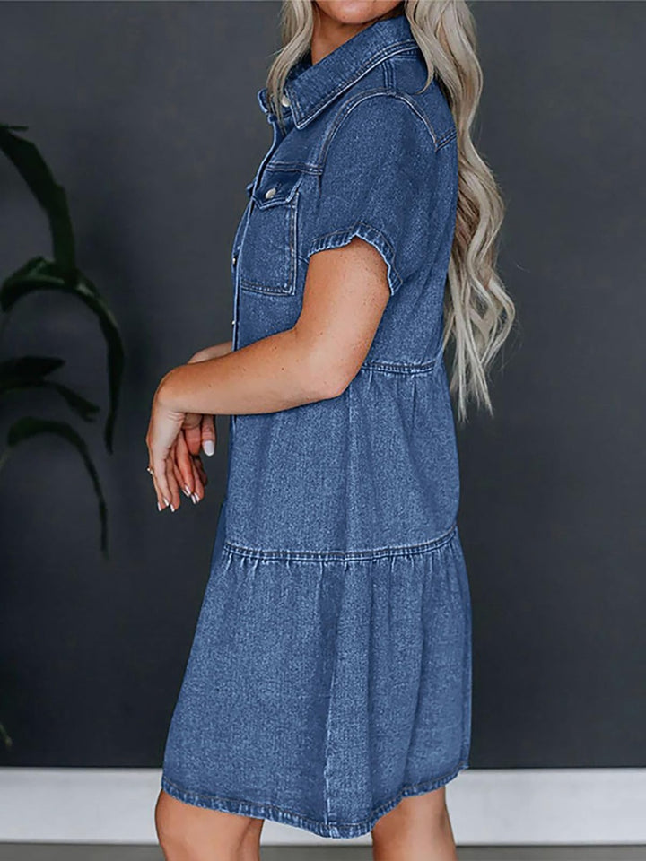 Pocketed Button Up Collared Neck Short Sleeve Denim Dress | Trendsi