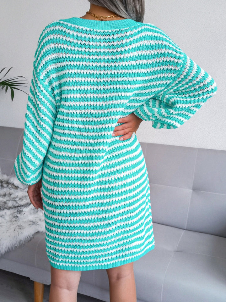 Striped V-Neck Long Sleeve Mini Sweater Dress | Trendsi