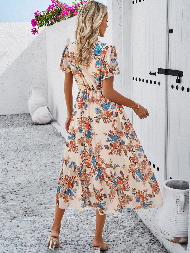 Printed V-Neck Flutter Sleeve Midi Dress | Trendsi