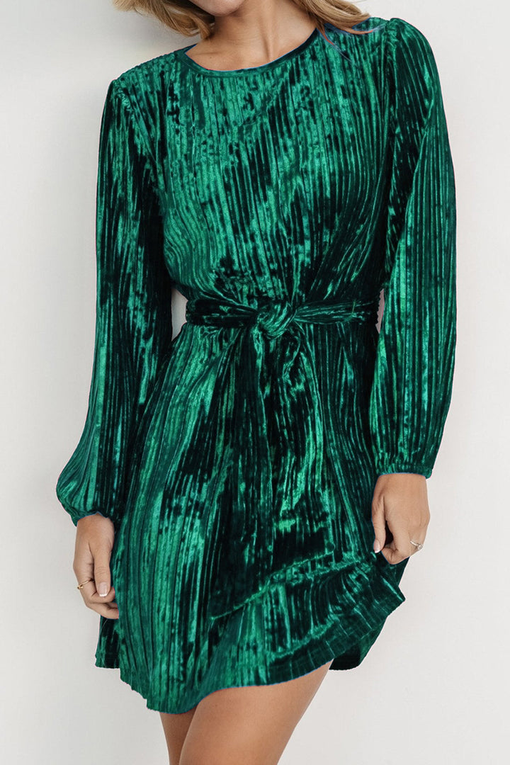 Velvet Round Neck Tie Waist Long Sleeve Mini Dress | Trendsi