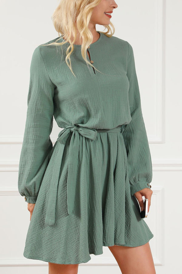 Round Neck Long Sleeve Tie Waist Dress | Trendsi