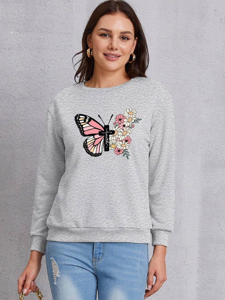 Butterfly Round Neck Dropped Shoulder Sweatshirt | Trendsi