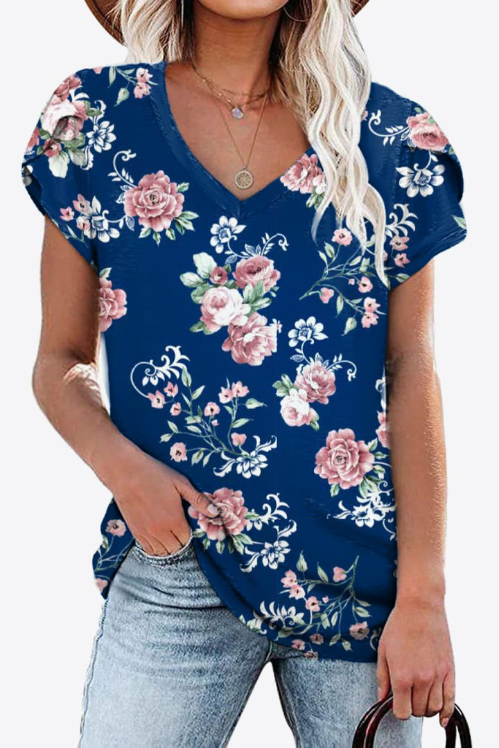 Printed Petal Sleeve V-Neck Blouse | Trendsi