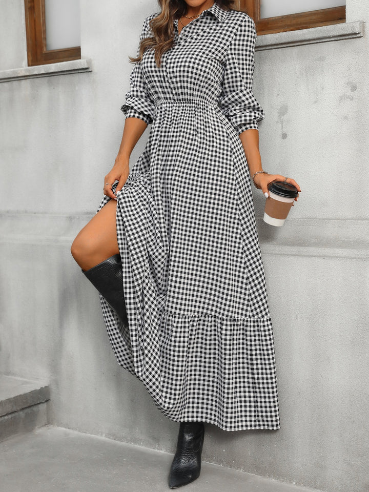 Ruffle Hem Plaid Long Sleeve Dress | Trendsi