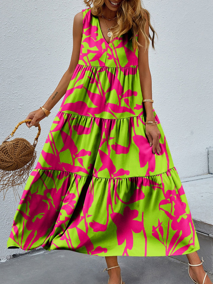 Tiered Printed V-Neck Sleeveless Dress | Trendsi