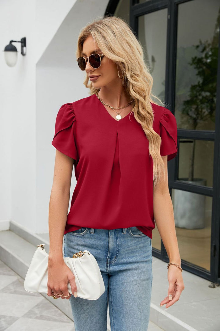 Petal Sleeve V-Neck Top | Trendsi