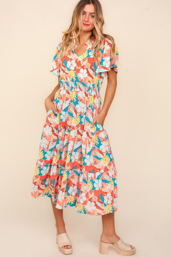 Haptics Full Size Tropical Floral Tiered Dress with Side Pockets | Trendsi