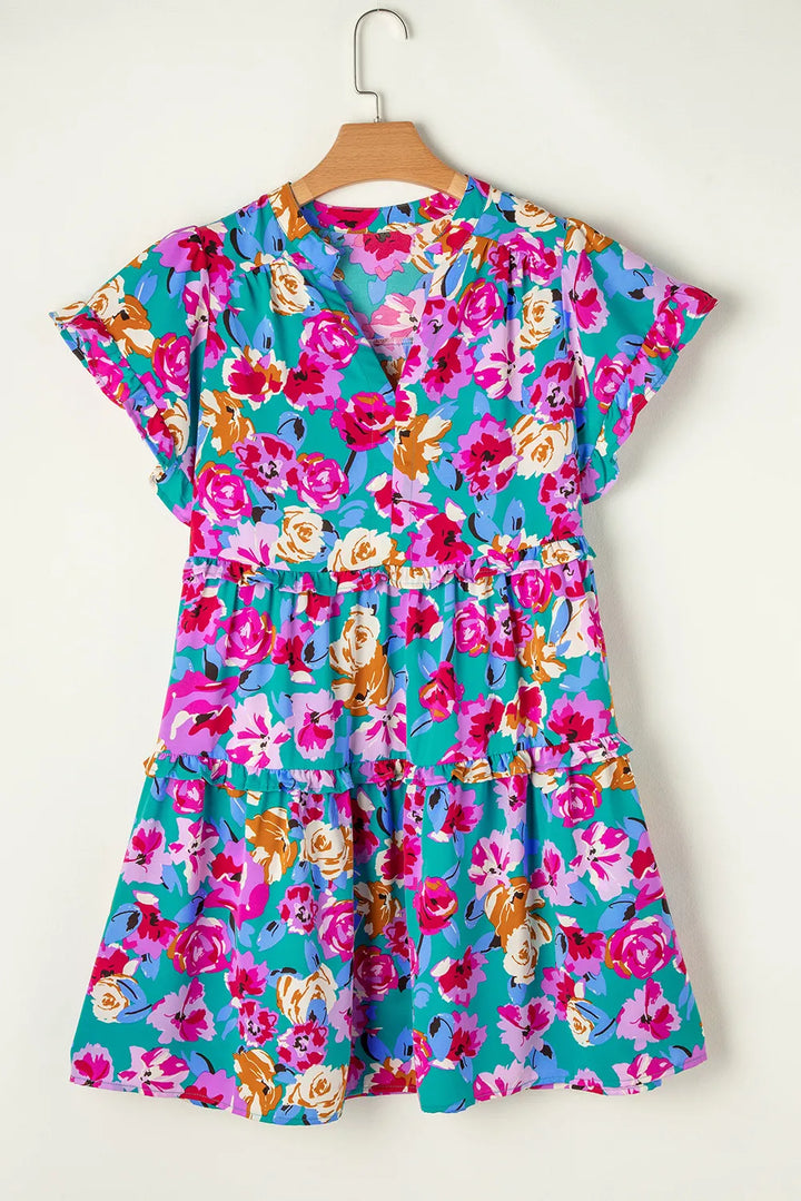 Ruffled Printed Notched Short Sleeve Mini Dress | Trendsi