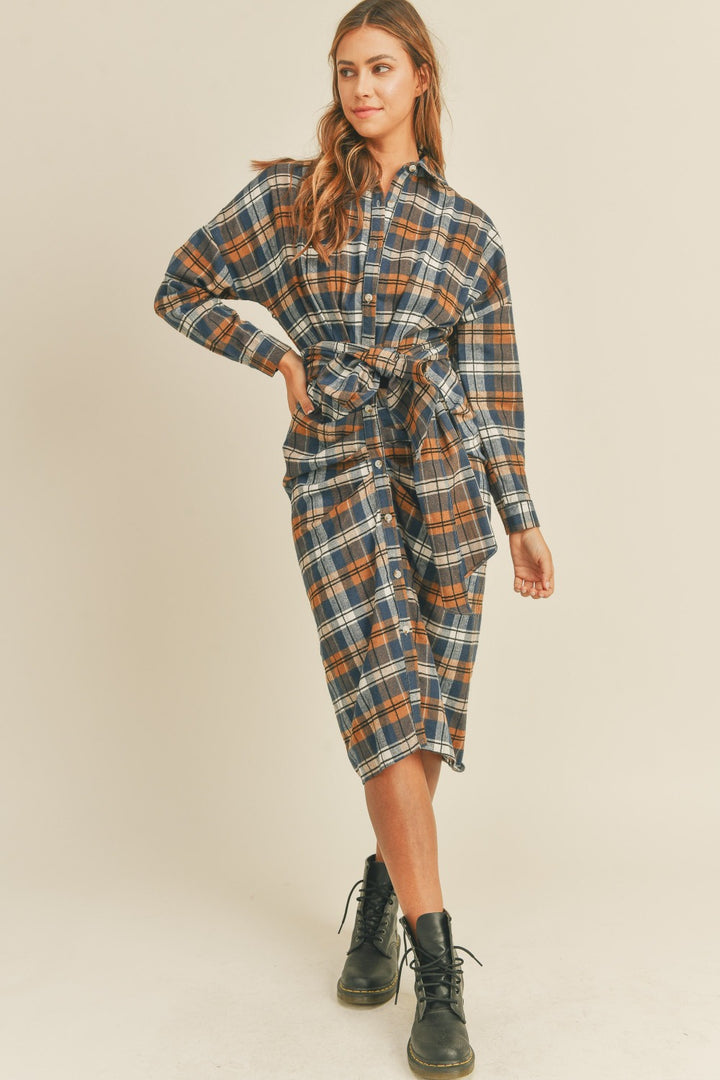 Mable Plaid Flannel Front Tie Button Down Shirt Dress | Trendsi