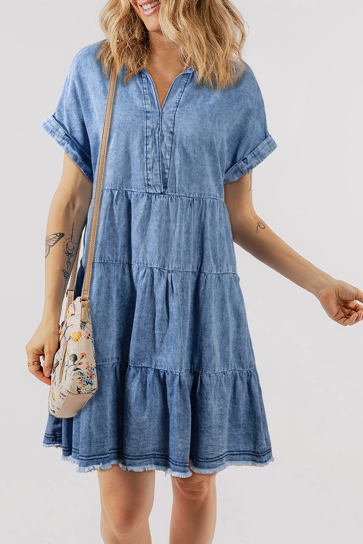 Raw Hem Collared Neck Short Sleeve Denim Dress | Trendsi