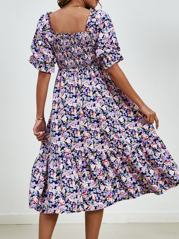 Smocked Floral Square Neck Short Sleeve Dress | Trendsi