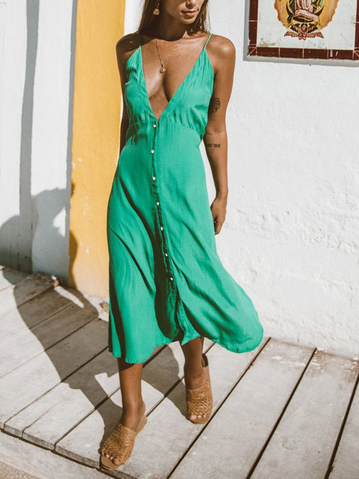 Buttoned Plunge Midi Cami Dress | Trendsi