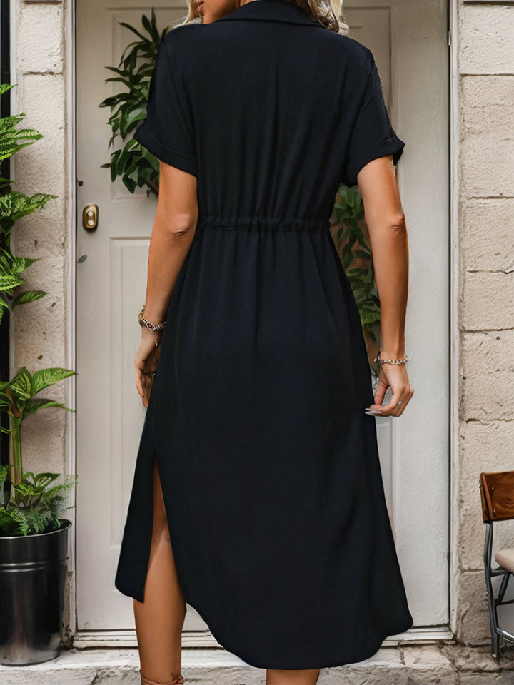 Slit Drawstring Button Up Short Sleeve Midi Dress | Trendsi
