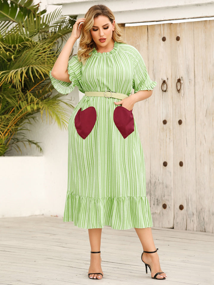 Plus Size Frill Heart Striped Half Sleeve Dress | Trendsi