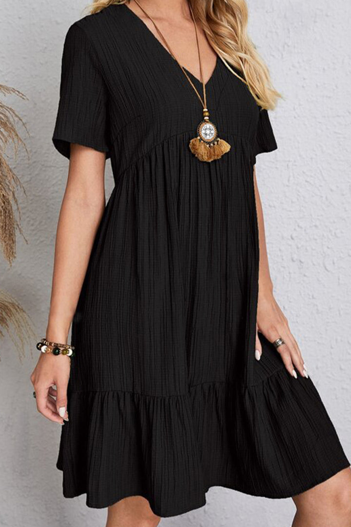 Full Size Ruched V-Neck Short Sleeve Dress | Trendsi