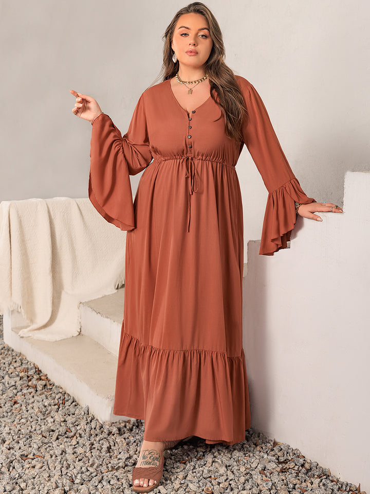 Plus Size V-Neck Flare Sleeve Maxi Dress | Trendsi