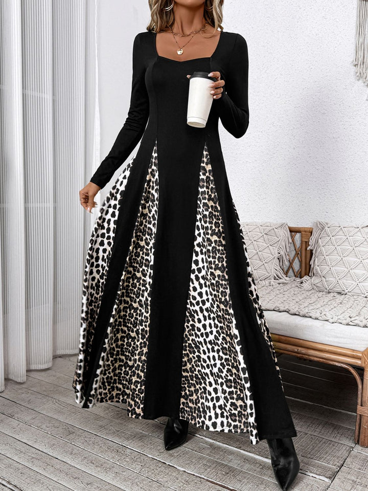 Perfee Leopard Square Neck Long Sleeve Maxi Dress | Trendsi