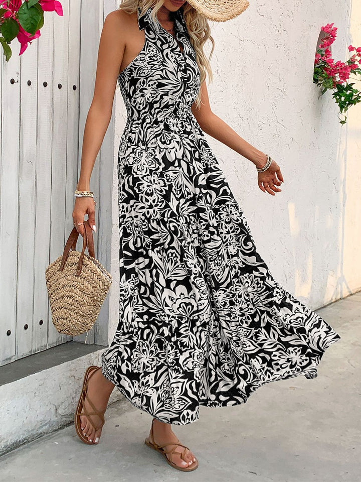 Backless Smocked Printed Sleeveless Midi Dress | Trendsi