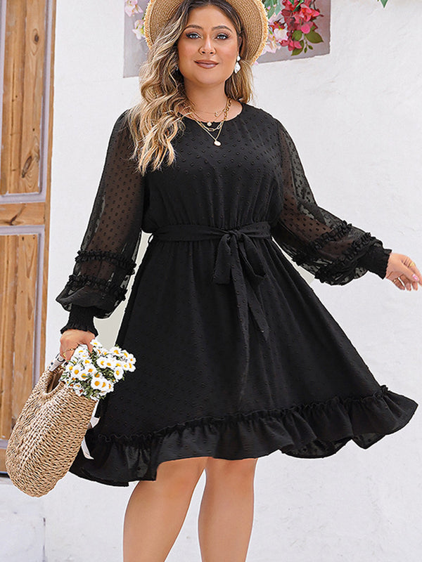 Plus Size Swiss Dot Round Neck Long Sleeve Dress | Trendsi